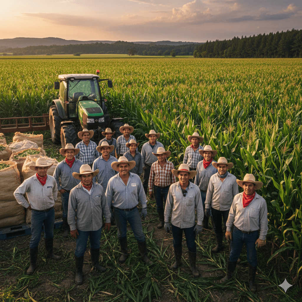 Campos de maiz y agricultores con tractor